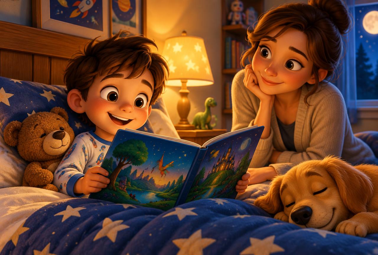 A child reading a colorful book at bedtime while a parent smiles nearby