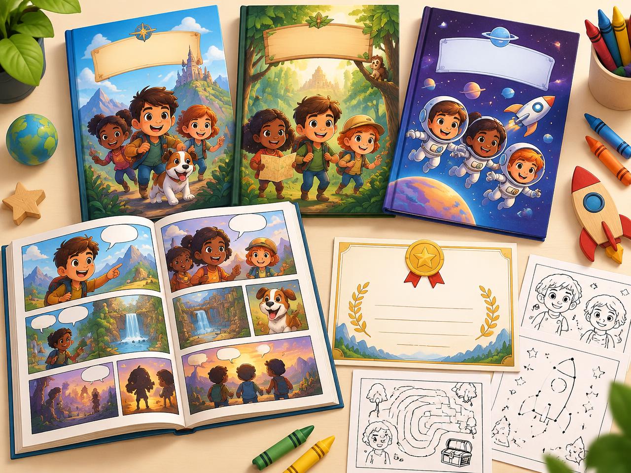 The three books, an open comic spread, activity pages and a printable certificate